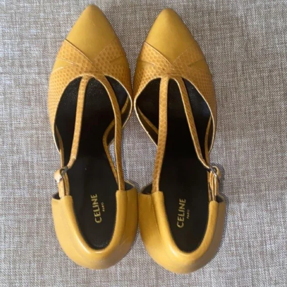 Celine yellow (Mustard) pumps embossed Leather with snakeskin trim, Sz 11.5, NWT - Picture 2 of 8